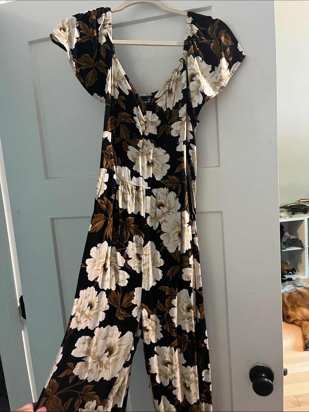 Old Navy Black Midi Dress with White and Brown Floral Print